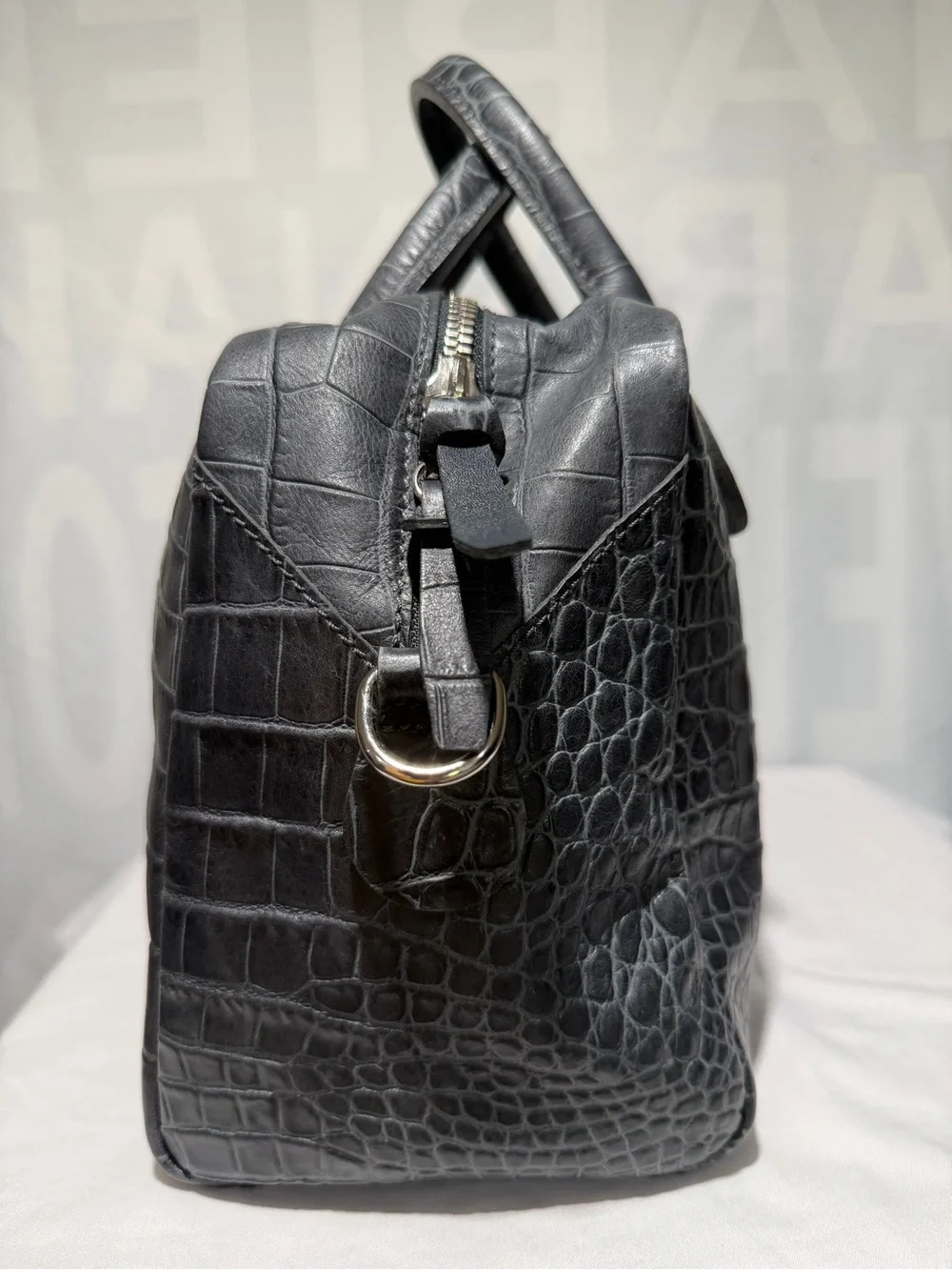 Longchamp Légende Black Gray Blue Croc-Embossed Leather Two Way Handbag